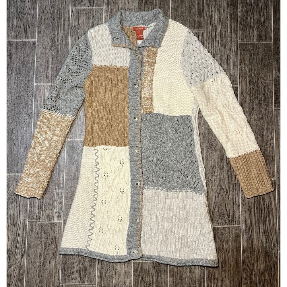Sundance Cardigan Sweater Womens S Multi Patchwork Lambswool Longline